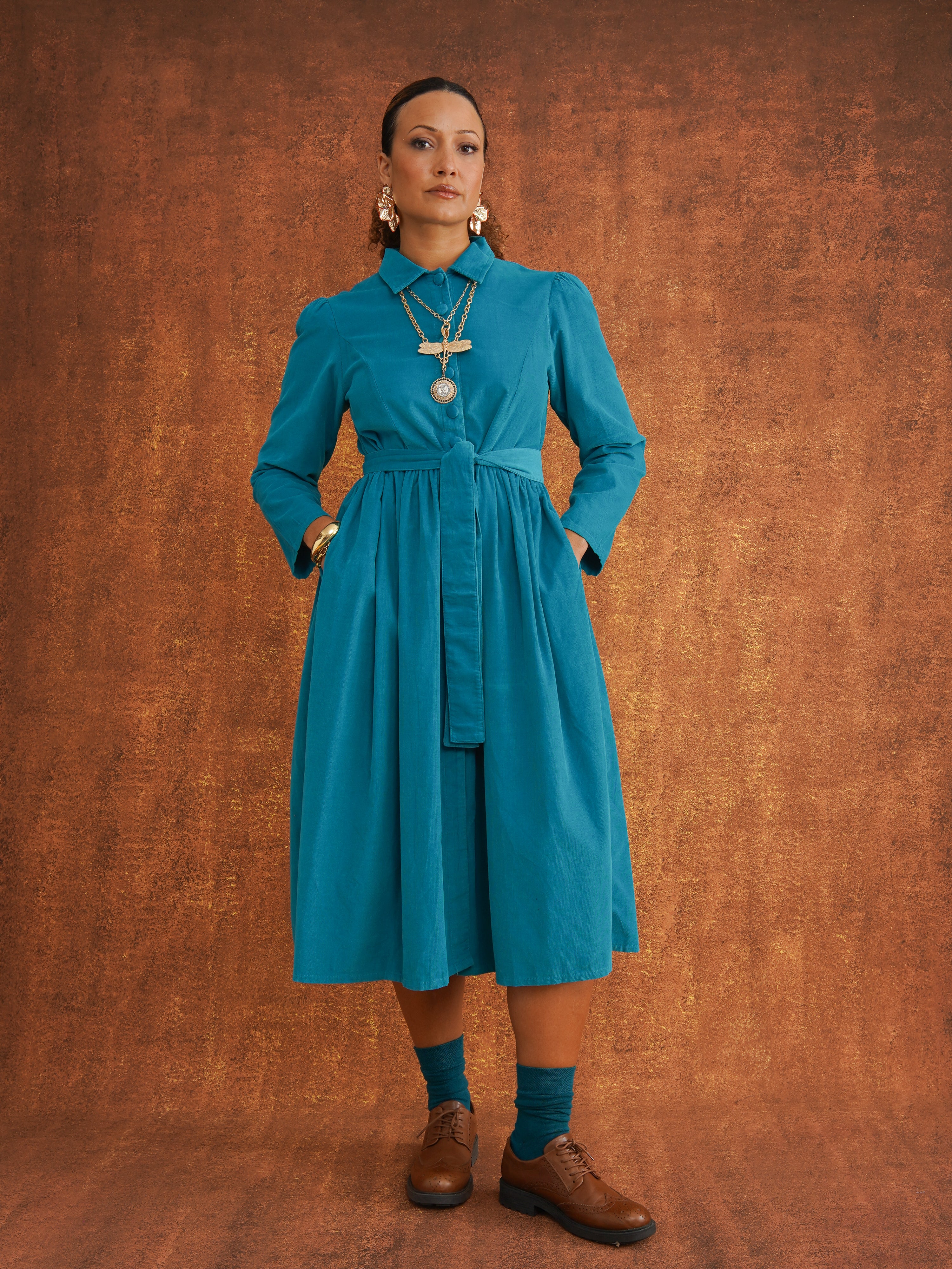 Peju Turquoise Needlecord Shirt Dress, front view