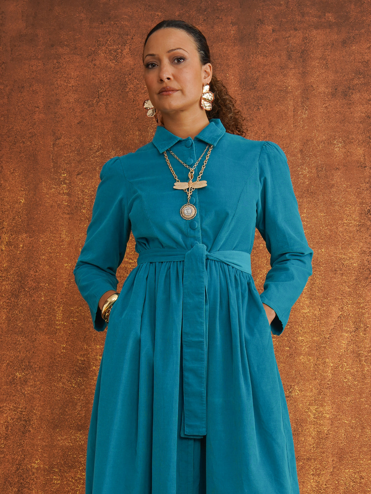 Peju Turquoise Needlecord Shirt Dress, close-up