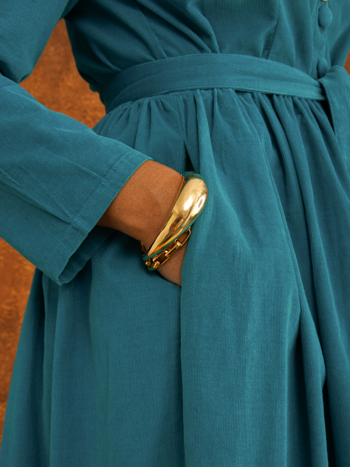 Peju Turquoise Needlecord Shirt Dress, detail shot