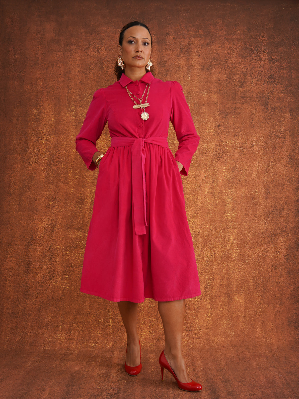 Peju Hot Pink Needlecord Shirt Dress with covered buttons and tie belt