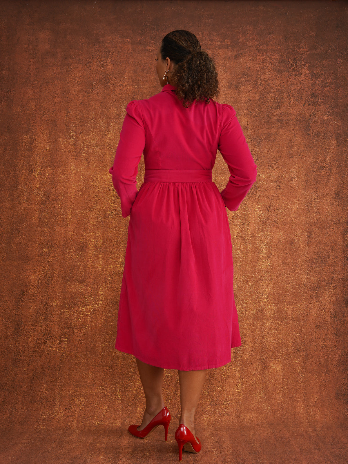 Peju Hot Pink Needlecord Shirt Dress, cotton needlecord with a full midi skirt