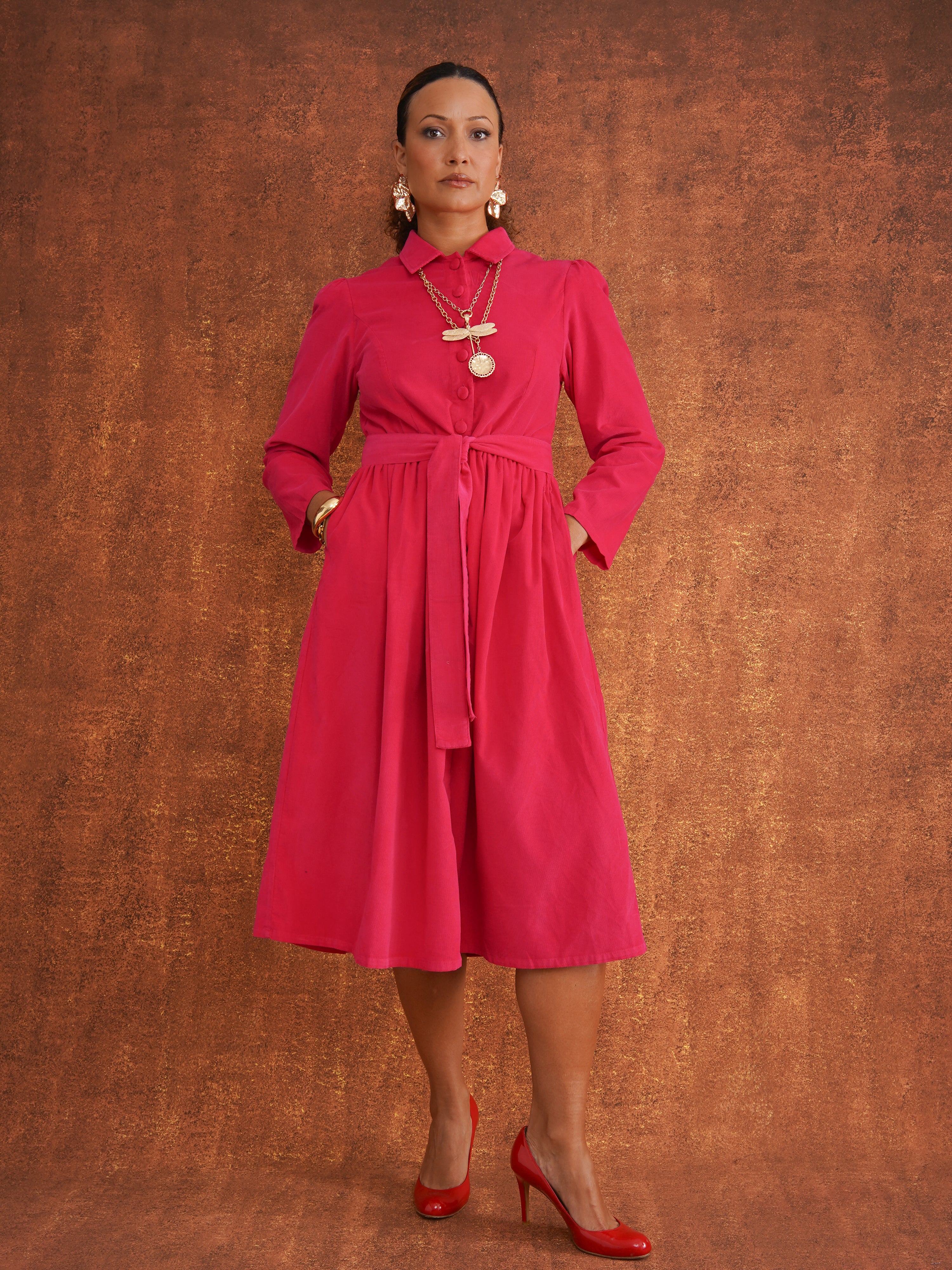 Peju Hot Pink Needlecord Shirt Dress, front view