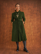 Peju Bottle Green Needlecord Shirt Dress with covered buttons and tie belt