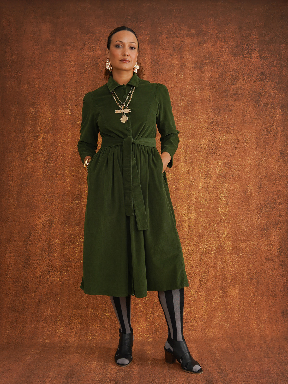 Peju Bottle Green Needlecord Shirt Dress with covered buttons and tie belt