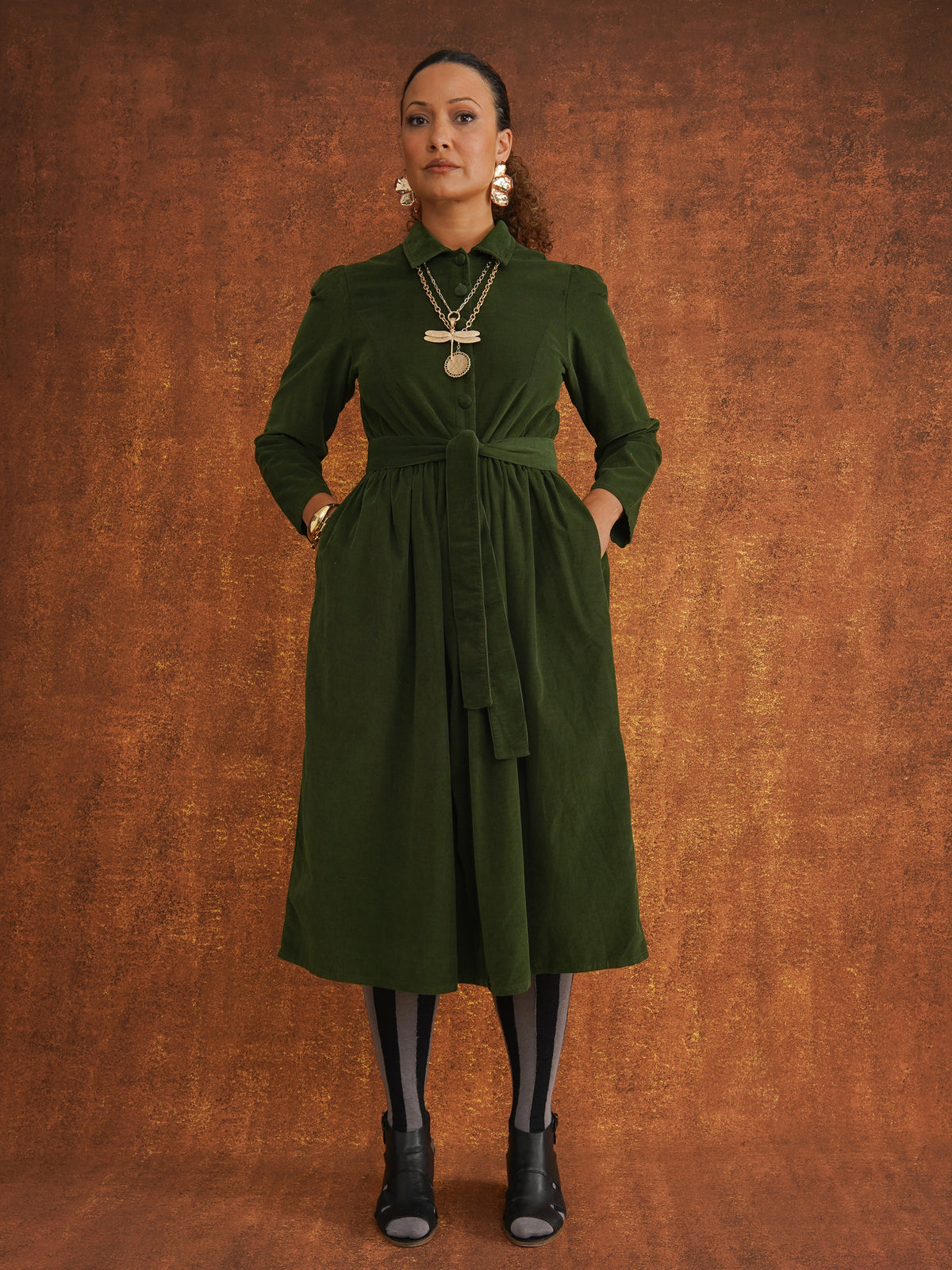 Peju Bottle Green Needlecord Shirt Dress, cotton needlecord with a full midi skirt
