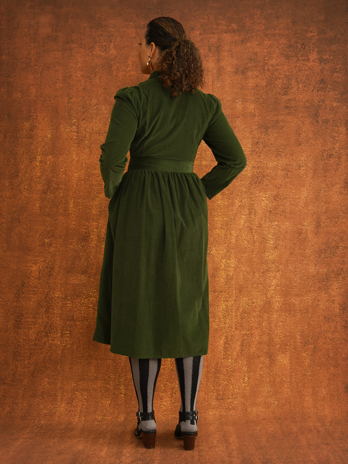 Peju Bottle Green Needlecord Shirt Dress, detail shot