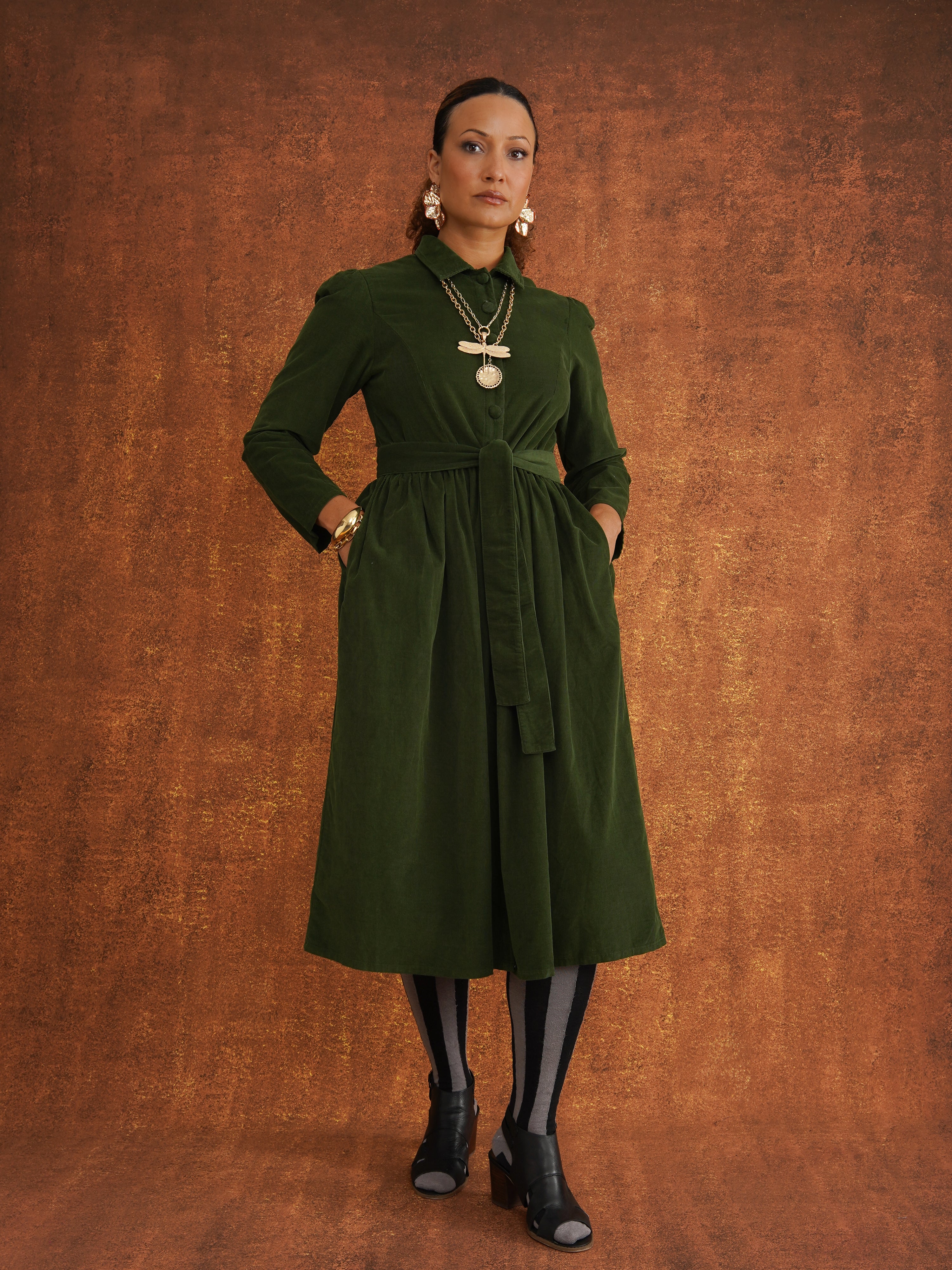Peju Bottle Green Needlecord Shirt Dress, front view