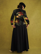 Ariya Adaze Shirt, a fitted shirt in red and yellow Fireworks print Dutch wax cotton on a blue background