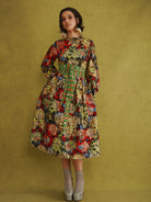 Commot for Road Golden Red Dress, long sleeve black and gold wax print dress with pockets