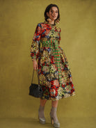 Commot for Road Golden Red Dress, 100% cotton wax print dress with palm leaves, red hibiscus, birds and village huts