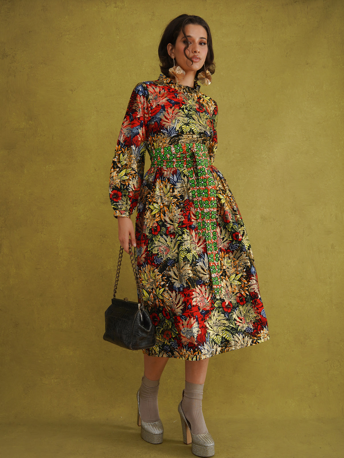 Commot for Road Golden Red Dress, 100% cotton wax print dress with palm leaves, red hibiscus, birds and village huts