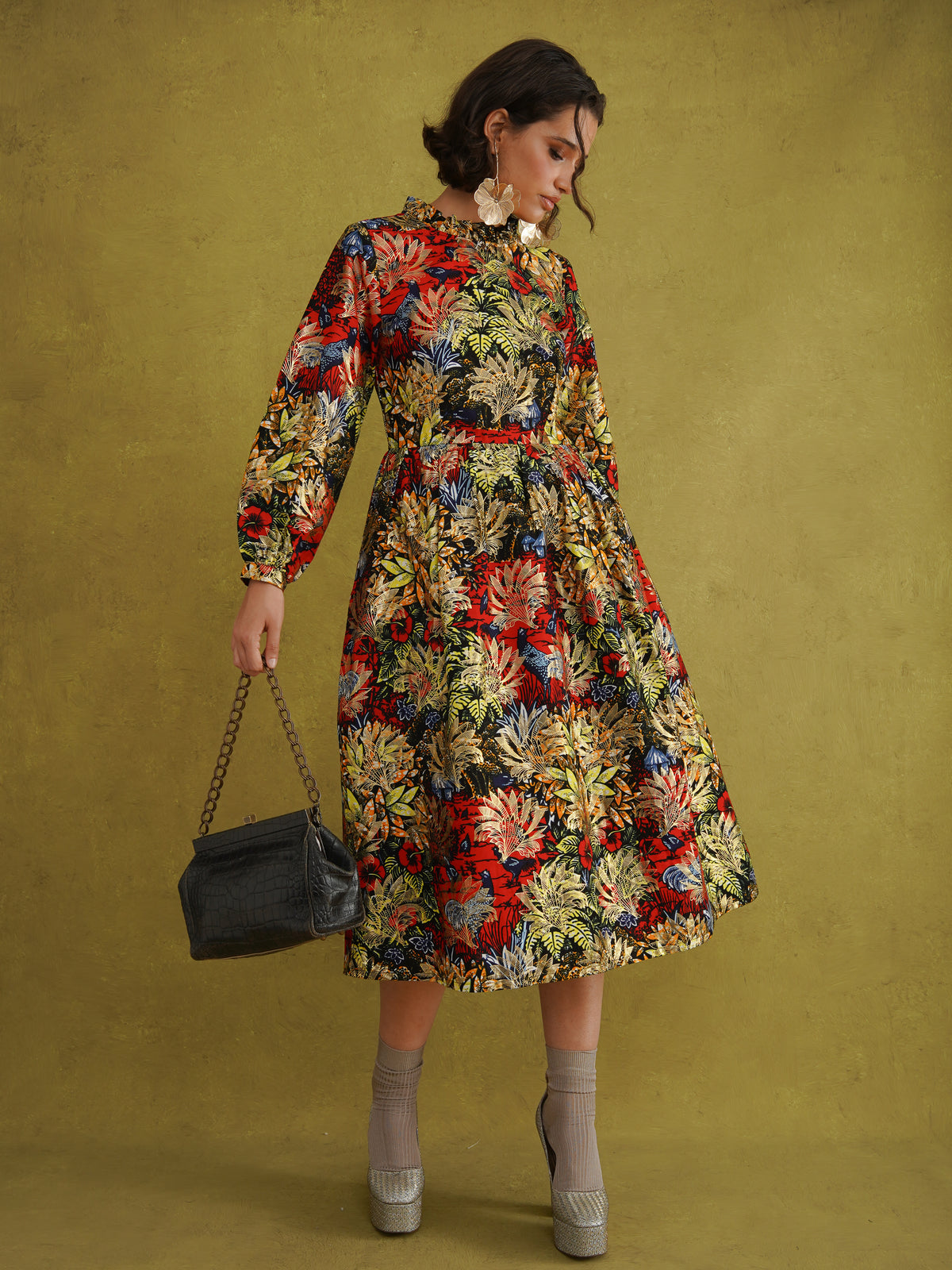 Commot for Road Golden Red Dress, black tropical wax print with gold metallic leaves, fitted bodice and gathered skirt