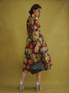 Commot for Road Golden Red Dress, high ruffle neck and full balloon sleeves gathered at the wrist