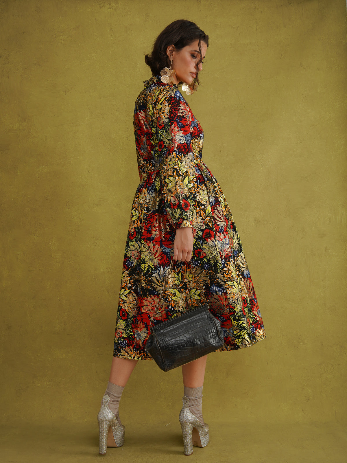 Commot for Road Golden Red Dress, high ruffle neck and full balloon sleeves gathered at the wrist