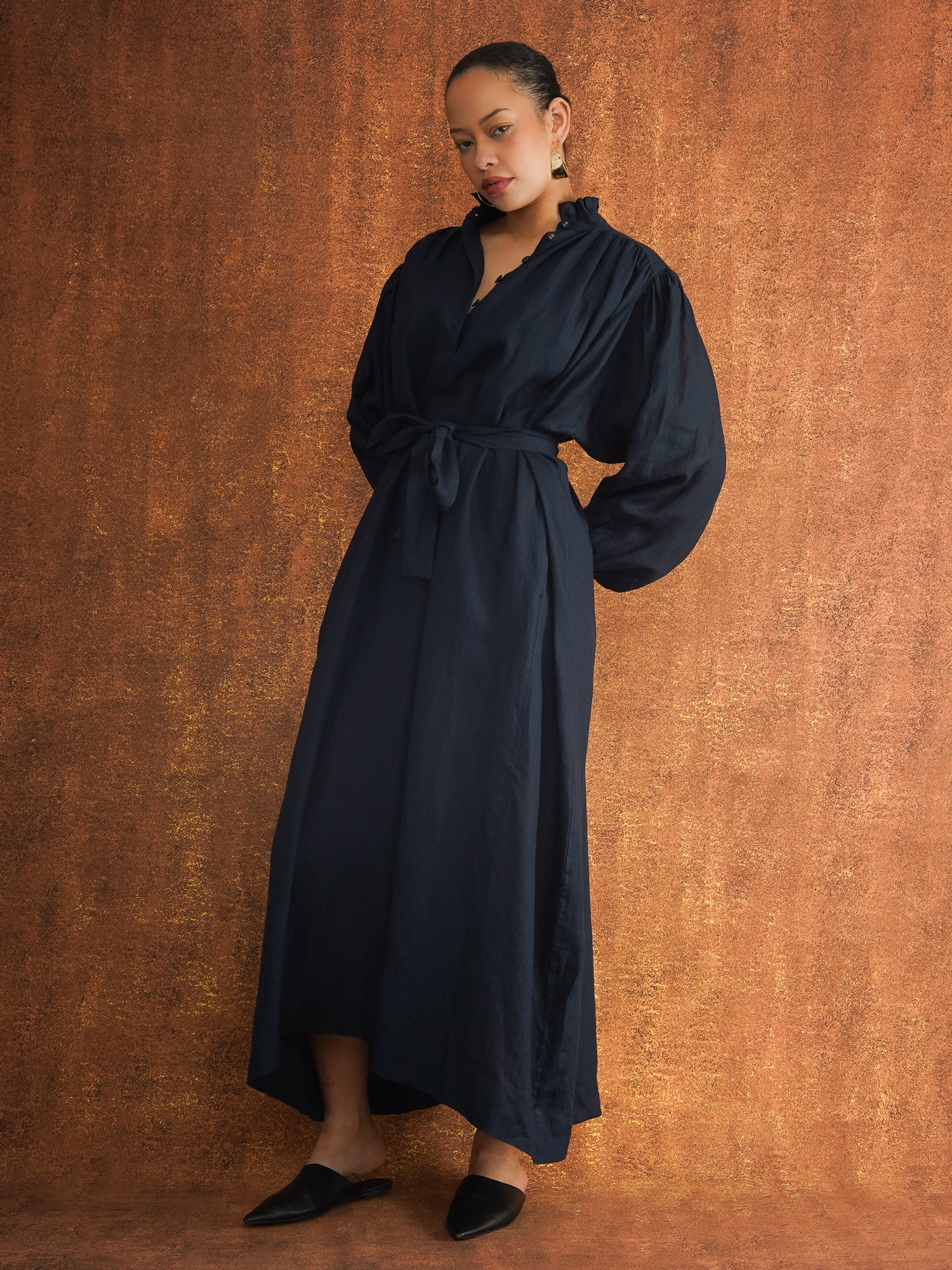 navy linen dresses Dark Dress with Voile Slip 96%Lyocell 4%Linen Care Instructions UK Size:26 RS-week2323 Women's Casual Long Sleeve