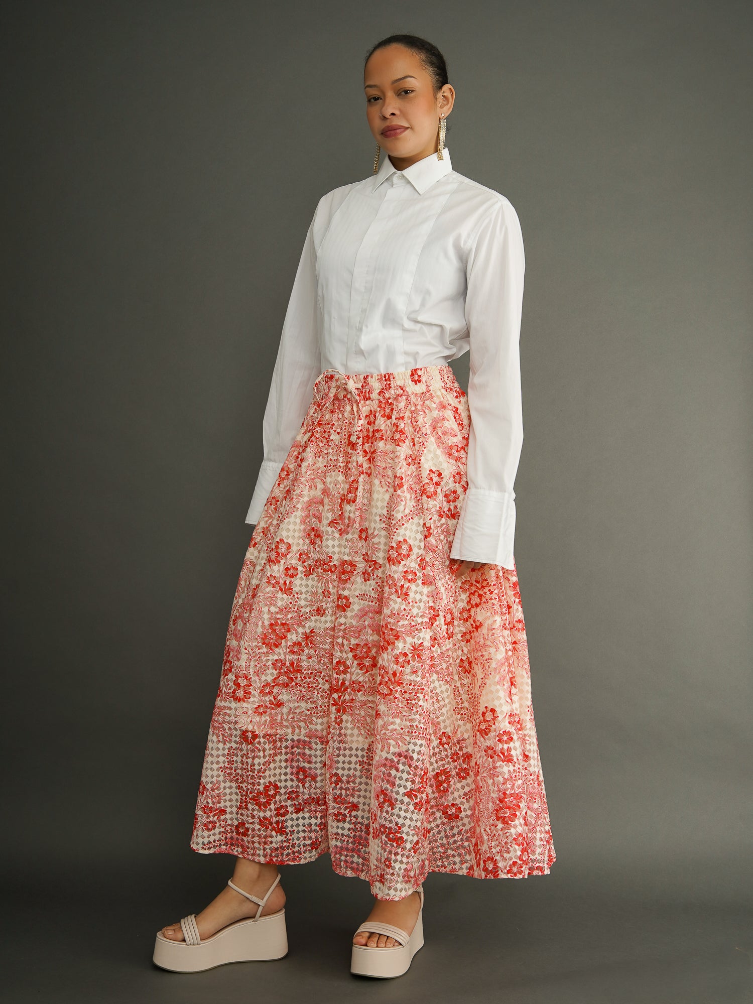 Eshe Lace Maxi Skirt – Red Pink Floral with Pockets | Kemi Telford